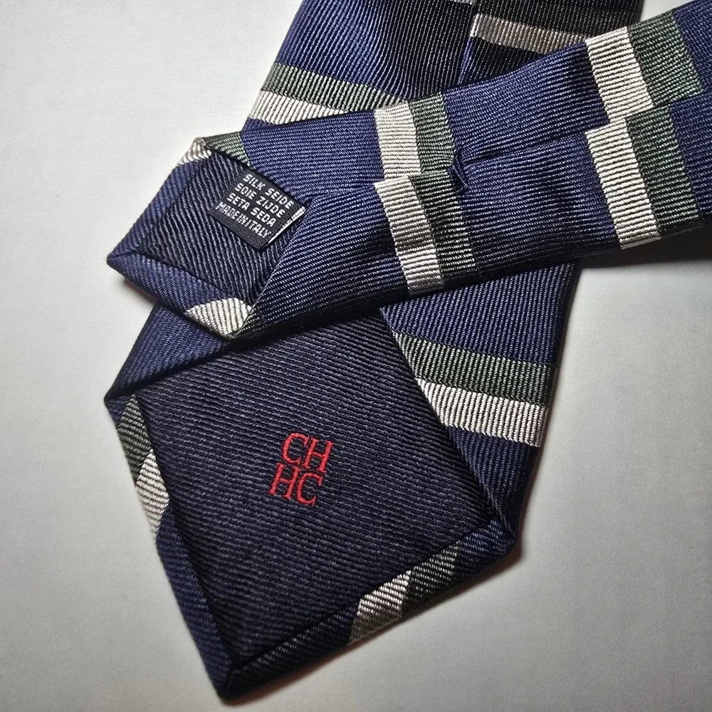 CH Carolina Herrera Mens Silk Striped Tie Navy Blue Silver Green Made in Italy